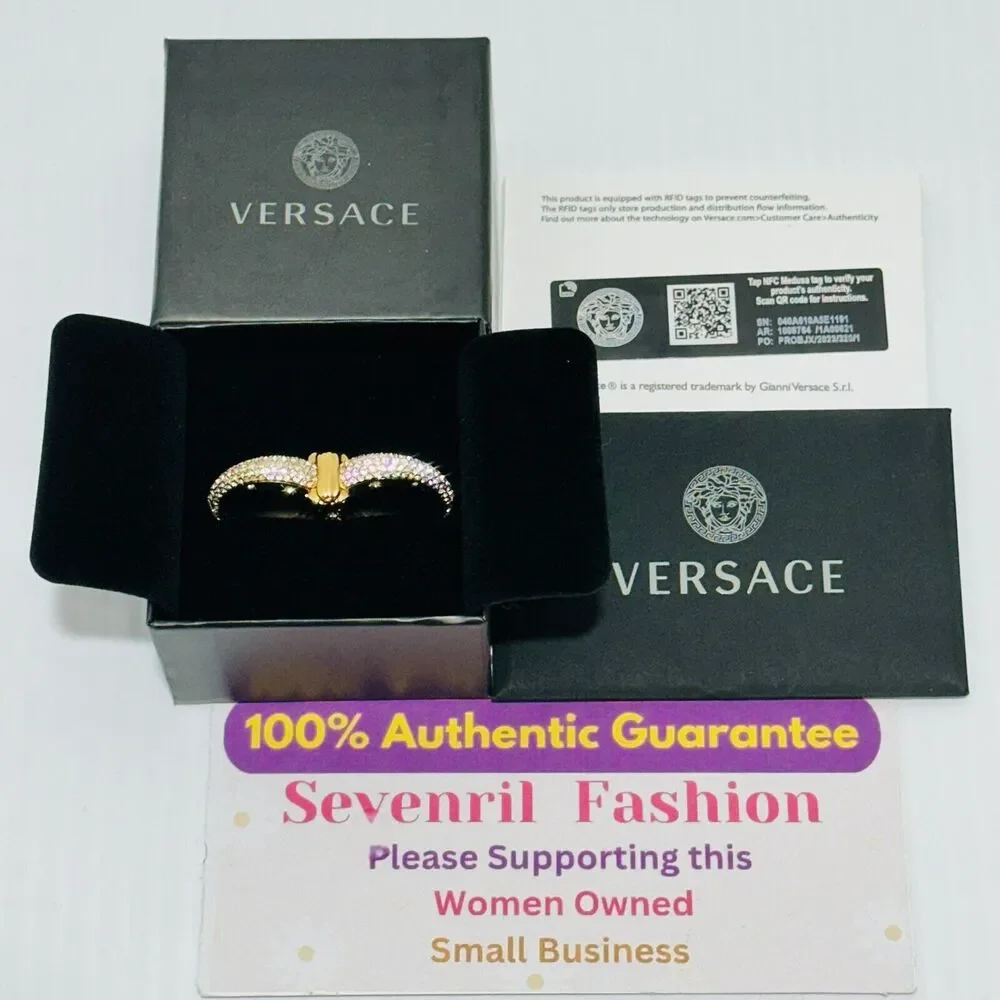 Versace Galaxy Medusa Crystal Engraved Cuff Double Ring Gold Tone Sz M NWT $525